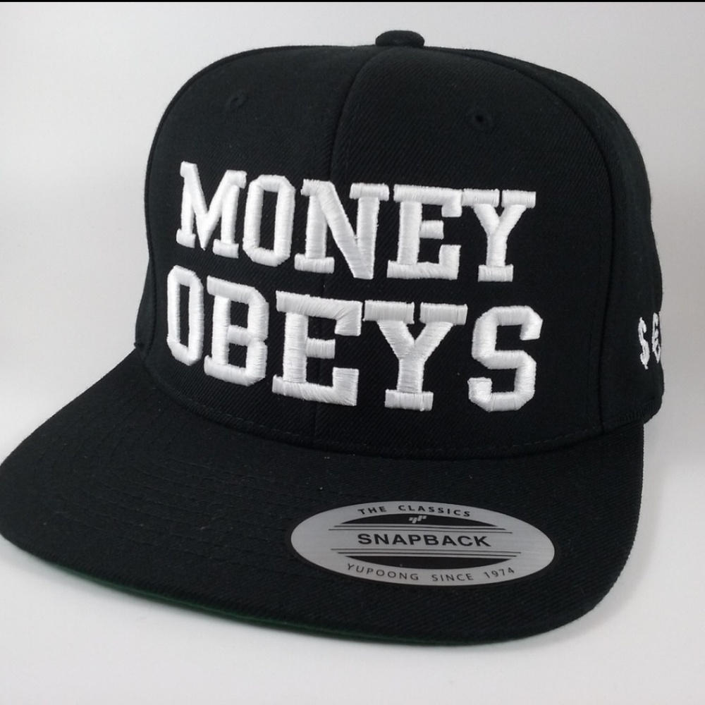 MONEY OBEYS Black & White Snapback Hat 3D Flat Bil